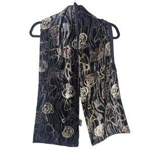 Buronout Velvet Scarf Wrap Black Gold Rose‎ Floral Rayon Shawl Witchy 90s Goth